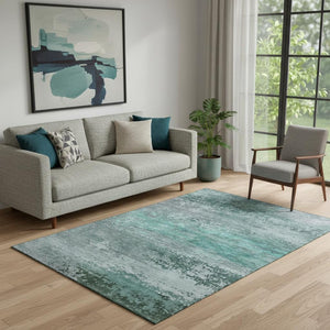 HomeRoots 8' Stylish Teal and Gray Abstract Washable Round Rug with Non-Slip Backing & UV Protection 717119