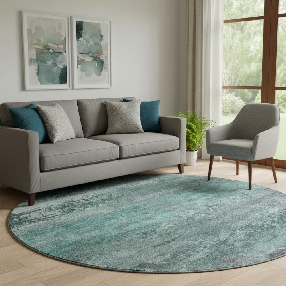 HomeRoots 8' X 10' Teal and Gray Abstract Area Rug - Washable, UV-Protected, Soft, and Stain-Resistant Comfort 717120