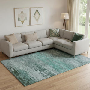 HomeRoots 9' X 12' Teal And Gray Abstract Washable Area Rug - Durable, UV-Protected, Perfect for High-Traffic Spaces 717121