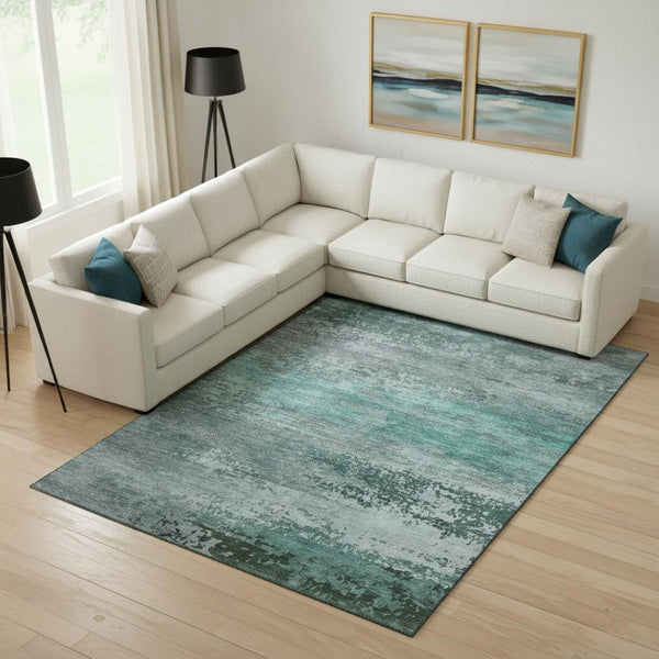 HomeRoots 10' X 14' Teal and Gray Abstract Washable Area Rug - UV Protection, Durable & Easy-Clean Design 717122
