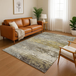 HomeRoots 9' X 12' Taupe & Gold Modern Abstract Area Rug - Washable, UV-Protected, Pet-Friendly Design! 717127