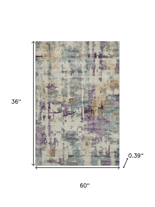 HomeRoots 5' X 8' Stylish Linen and Purple Abstract Washable Area Rug with UV Protection for Home Durability 717130