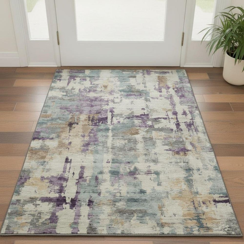 HomeRoots 5' X 8' Stylish Linen and Purple Abstract Washable Area Rug with UV Protection for Home Durability 717130