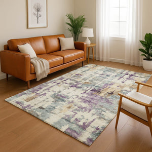HomeRoots 8' Abstract Linen and Purple Washable Round Rug with UV Protection - Durable, Stylish, and Easy Care! 717131