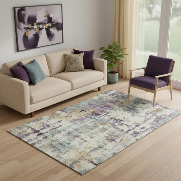 HomeRoots 8' Abstract Linen and Purple Washable Round Rug with UV Protection - Durable, Stylish, and Easy Care! 717131
