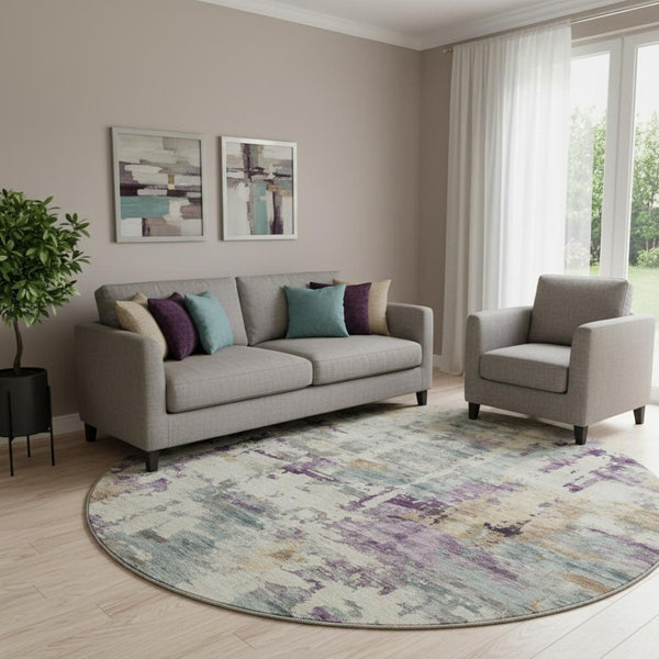 HomeRoots 8' X 10' Washable Linen & Purple Abstract Area Rug – Stain Resistant, UV Protected for Busy Homes 717132