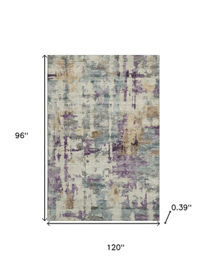 HomeRoots 9' X 12' Linen & Purple Abstract Area Rug - Washable, Stain-Resistant, UV Protected for High-Traffic Areas 717133