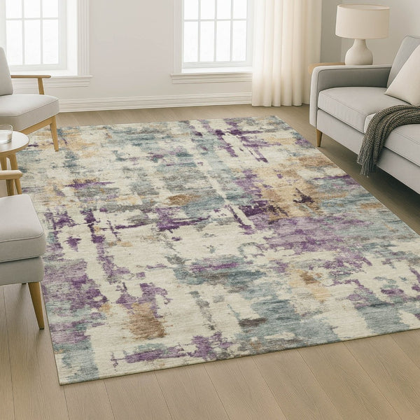 HomeRoots 9' X 12' Linen & Purple Abstract Area Rug - Washable, Stain-Resistant, UV Protected for High-Traffic Areas 717133