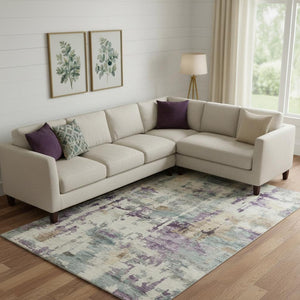 HomeRoots 9' X 12' Linen & Purple Abstract Area Rug - Washable, Stain-Resistant, UV Protected for High-Traffic Areas 717133