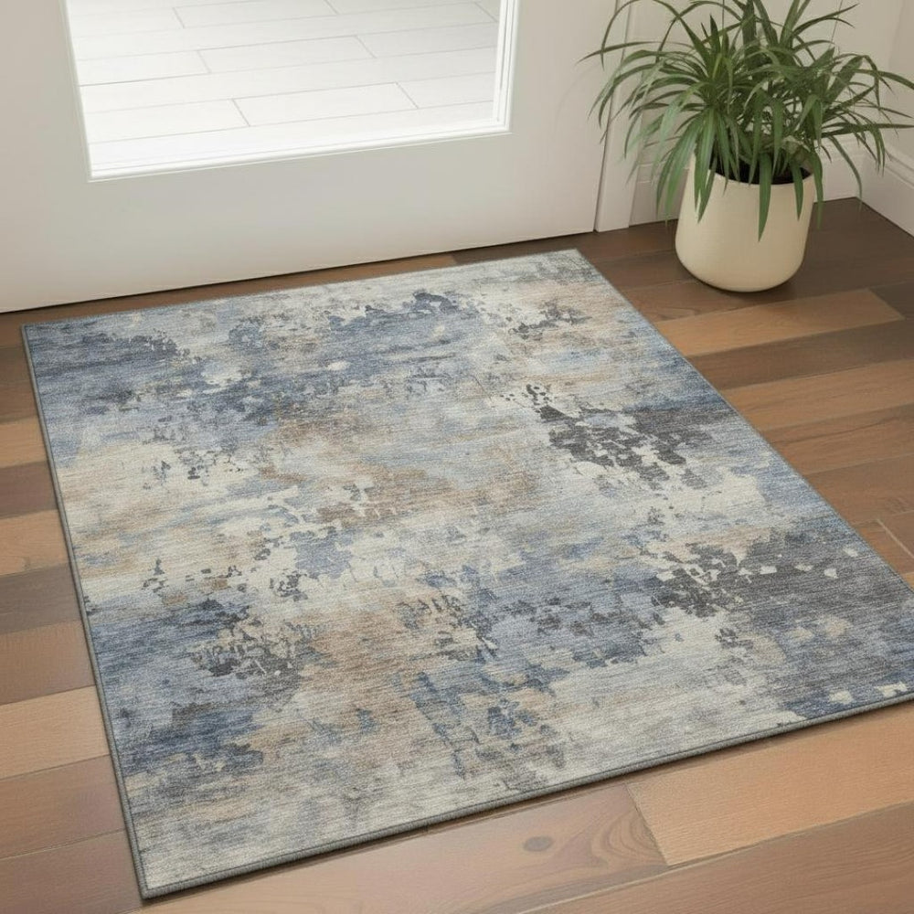 HomeRoots 5' X 8' Denim Blue & Beige Abstract Area Rug – Washable, UV Protected, Durable & Stylish for Homes 717136
