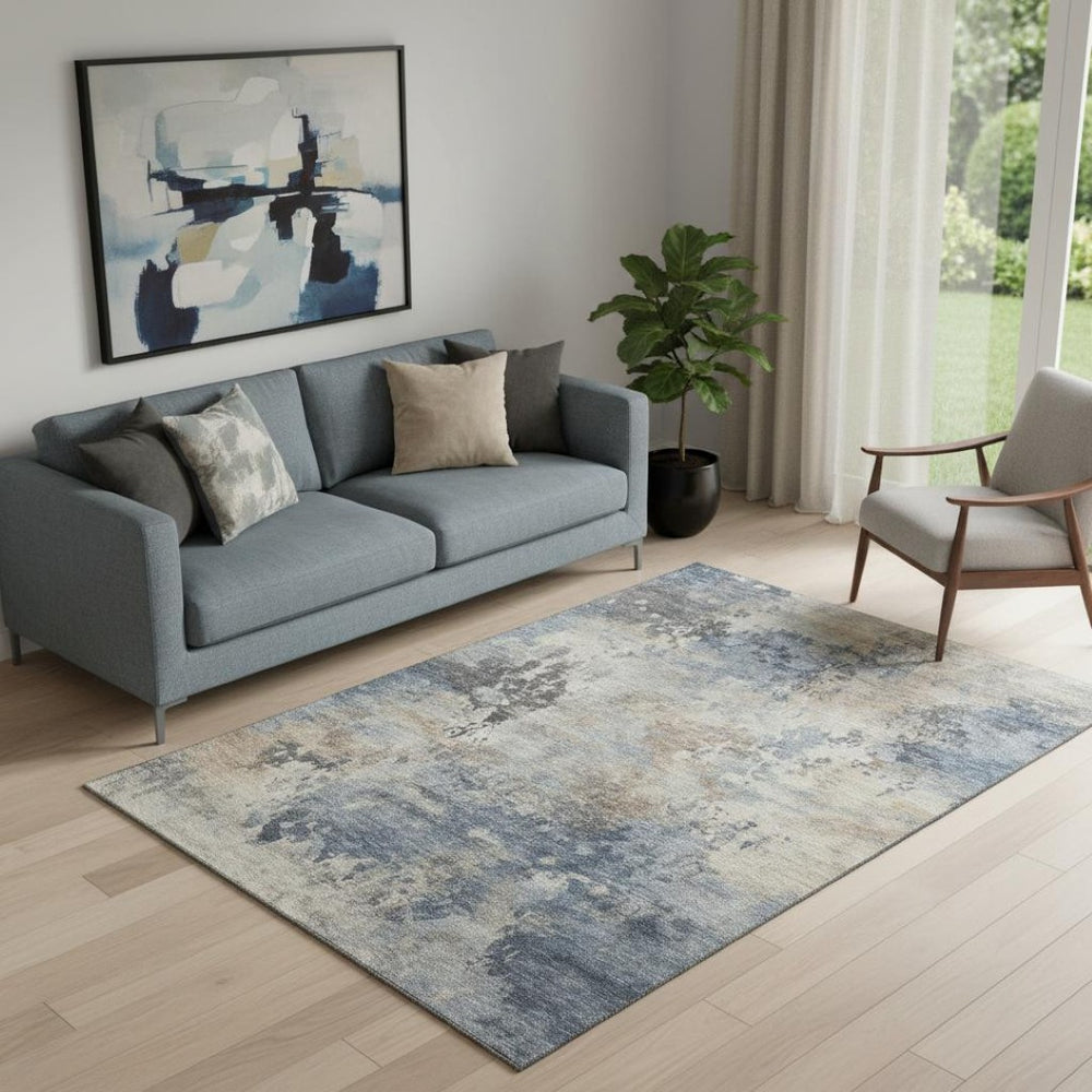 HomeRoots 8' Denim Blue & Beige Abstract Round Rug - Washable, UV Protected, Stain Resistant for Family Living 717137