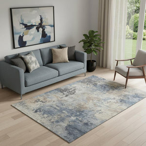 HomeRoots 8' Denim Blue & Beige Abstract Round Rug - Washable, UV Protected, Stain Resistant for Family Living 717137