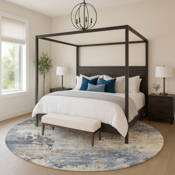 HomeRoots 8' X 10' Stylish Denim Blue & Beige Abstract Washable Area Rug with UV Protection for Homes 717138
