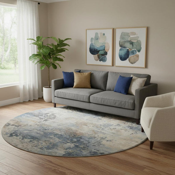 HomeRoots 8' X 10' Stylish Denim Blue & Beige Abstract Washable Area Rug with UV Protection for Homes 717138