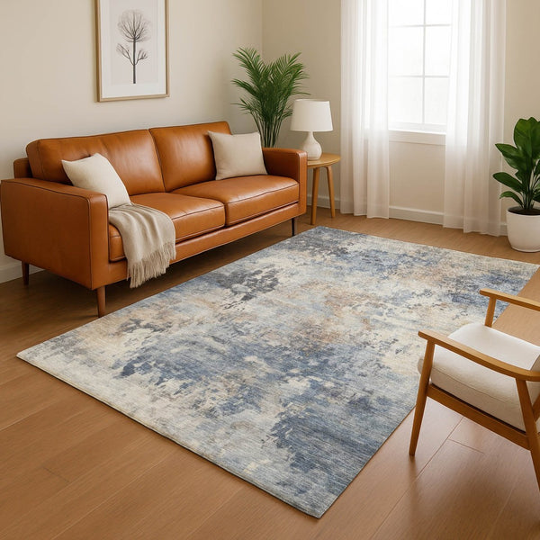 HomeRoots 10' X 14' Denim Blue & Beige Abstract Area Rug - Washable, UV Protected, Kid & Pet Friendly Design 717140