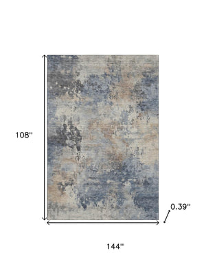 HomeRoots 10' X 14' Denim Blue & Beige Abstract Area Rug - Washable, UV Protected, Kid & Pet Friendly Design 717140