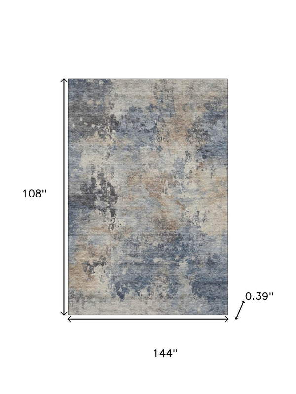 HomeRoots 10' X 14' Denim Blue & Beige Abstract Area Rug - Washable, UV Protected, Kid & Pet Friendly Design 717140