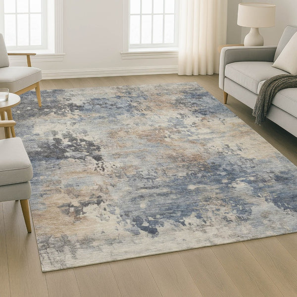 HomeRoots 10' X 14' Denim Blue & Beige Abstract Area Rug - Washable, UV Protected, Kid & Pet Friendly Design 717140