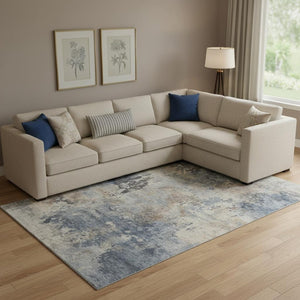 HomeRoots 10' X 14' Denim Blue & Beige Abstract Area Rug - Washable, UV Protected, Kid & Pet Friendly Design 717140