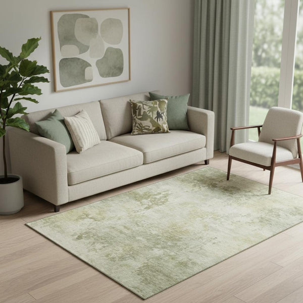 HomeRoots 8' Sage and Beige Abstract Washable Round Rug - Durable, UV-Protected, Ideal for Homes with Kids & Pets 717149