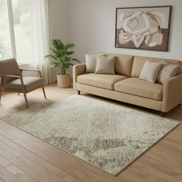 HomeRoots 8' Tan and Beige Abstract Round Rug – Durable, Washable, UV-Protected, Modern Style for Any Space 717155