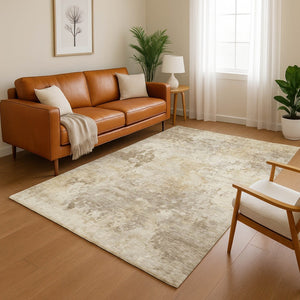 HomeRoots 9' X 12' Tan And Beige Abstract Area Rug - Washable, Durable, Stain-Resistant, UV Protected Design 717157