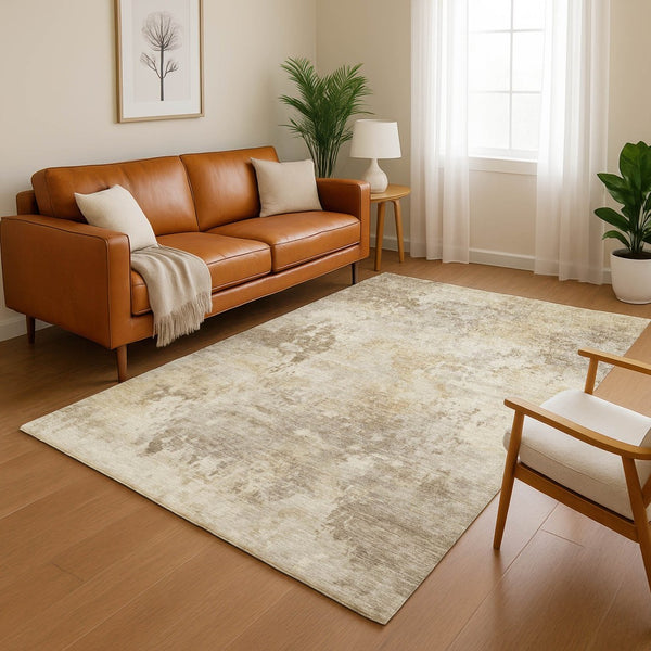 HomeRoots 9' X 12' Tan And Beige Abstract Area Rug - Washable, Durable, Stain-Resistant, UV Protected Design 717157
