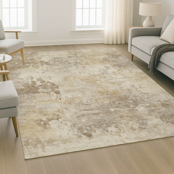 HomeRoots 9' X 12' Tan And Beige Abstract Area Rug - Washable, Durable, Stain-Resistant, UV Protected Design 717157