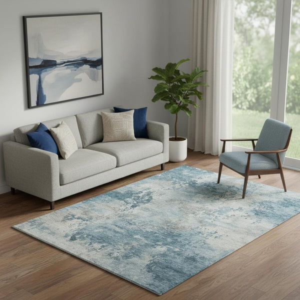 HomeRoots 8' Teal and Taupe Abstract Washable Round Rug – Durable, UV-Protected, Easy-Clean for Modern Spaces 717161