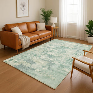 HomeRoots 8' Teal And Linen Abstract Washable Round Rug – Durable, UV-Protected, Perfect for Any Space! 717173