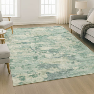 HomeRoots 8' Teal And Linen Abstract Washable Round Rug – Durable, UV-Protected, Perfect for Any Space! 717173