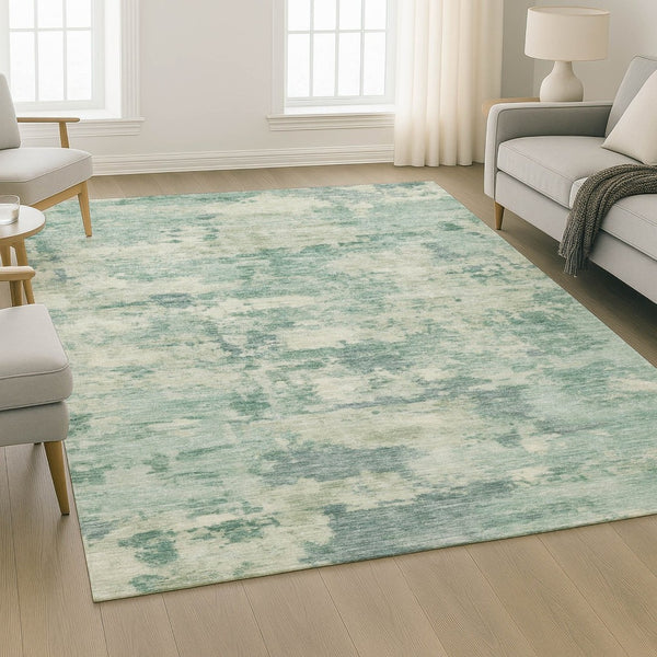 HomeRoots 8' Teal And Linen Abstract Washable Round Rug – Durable, UV-Protected, Perfect for Any Space! 717173