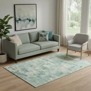 HomeRoots 8' Teal And Linen Abstract Washable Round Rug – Durable, UV-Protected, Perfect for Any Space! 717173