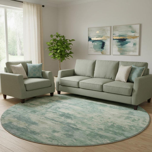 HomeRoots 8' X 10' Teal & Linen Abstract Area Rug - Washable, UV Protected, Pet-Friendly & Stylish Decor 717174