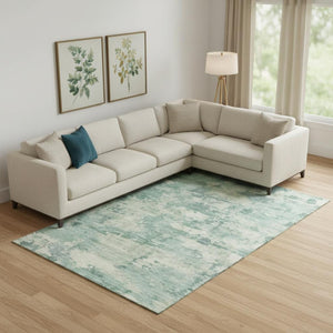 HomeRoots 9' X 12' Teal and Linen Abstract Area Rug - Washable, UV Protected, Pet-Friendly for Modern Homes 717175