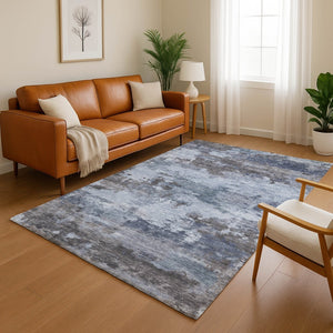 HomeRoots 8' Blue And Charcoal Abstract Washable Round Rug - Stylish, Stain-Resistant, UV-Protected Design! 717179