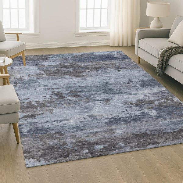 HomeRoots 8' Blue And Charcoal Abstract Washable Round Rug - Stylish, Stain-Resistant, UV-Protected Design! 717179