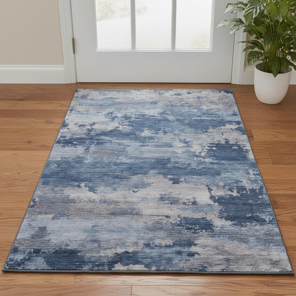 HomeRoots 5' X 8' Navy Blue & Denim Abstract Washable Area Rug with UV Protection for Stylish Living Spaces 717190