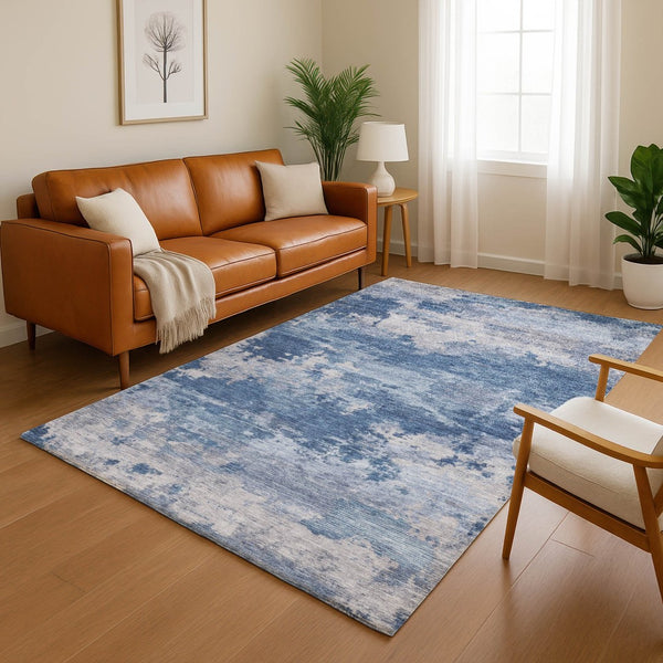 HomeRoots 8' Navy Blue & Denim Abstract Washable Round Rug - Durable, Stain-Resistant with UV Protection 717191