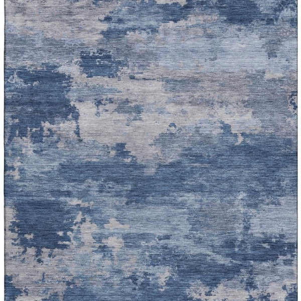 HomeRoots 8' Navy Blue & Denim Abstract Washable Round Rug - Durable, Stain-Resistant with UV Protection 717191