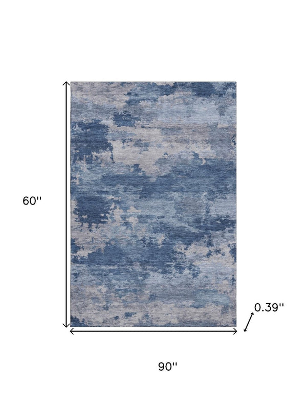 HomeRoots 8' Navy Blue & Denim Abstract Washable Round Rug - Durable, Stain-Resistant with UV Protection 717191