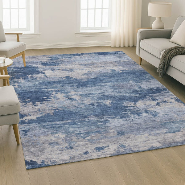 HomeRoots 8' Navy Blue & Denim Abstract Washable Round Rug - Durable, Stain-Resistant with UV Protection 717191