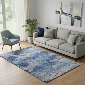 HomeRoots 8' Navy Blue & Denim Abstract Washable Round Rug - Durable, Stain-Resistant with UV Protection 717191