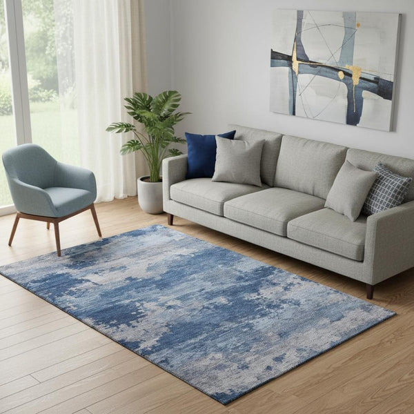 HomeRoots 8' Navy Blue & Denim Abstract Washable Round Rug - Durable, Stain-Resistant with UV Protection 717191