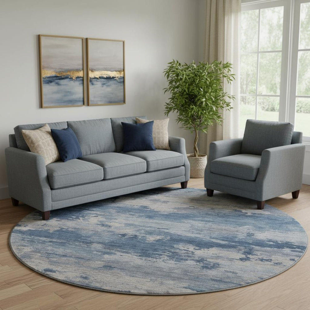 HomeRoots 8' X 10' Navy Blue & Denim Abstract Washable Area Rug with UV Protection for Modern Living Spaces 717192