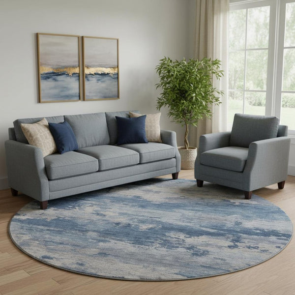 HomeRoots 8' X 10' Navy Blue & Denim Abstract Washable Area Rug with UV Protection for Modern Living Spaces 717192
