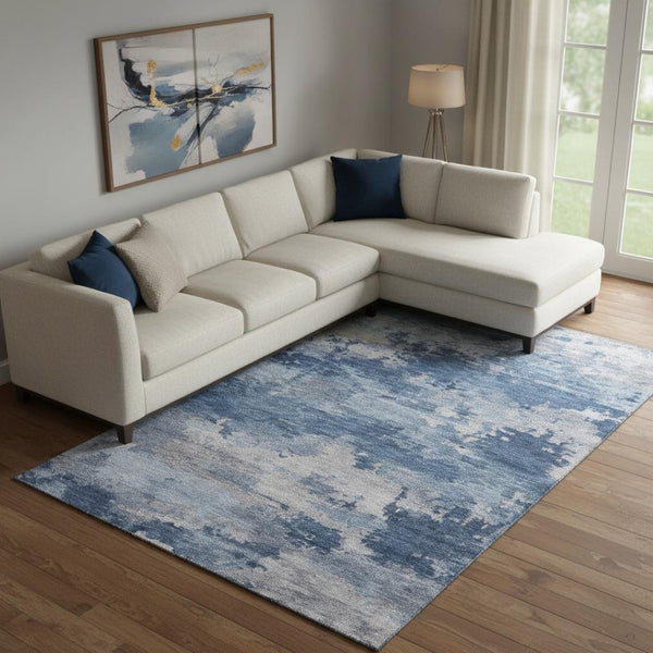 HomeRoots 9' X 12' Navy & Denim Blue Abstract Washable Area Rug - Durable, UV-Protected, Easy-Care Design! 717193