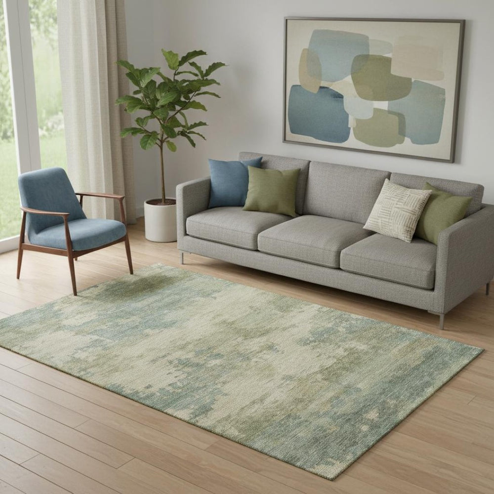 HomeRoots 8' Pale Aqua and Beige Abstract Washable Round Rug - Durable, UV-Protected, Perfect for Any Space! 717197