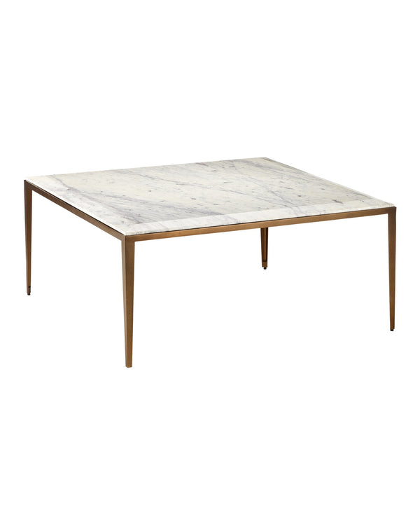 Currey & Company Oblique Marble Cocktail Table - Sleek Antique Brass Frame With Floating White Lilac Top & Unique Veining White White Lilac Marble ,Iron ,Engineered Wood 4000-0237-currey-company