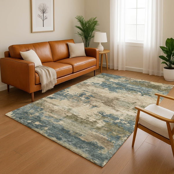 HomeRoots 5' X 8' Stylish Teal & Beige Abstract Area Rug - Washable, UV Protected, Durable & Low Maintenance! 717202